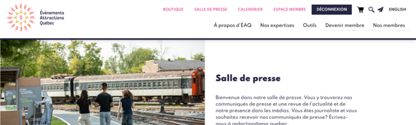 Salle de presse – Communiqués et prises de parole d’ÉAQ Capture d’écran de la salle de presse d’Événements Attractions Québec, qui regroupe les communiqués, la revue de presse et les prises de position de l’organisation.